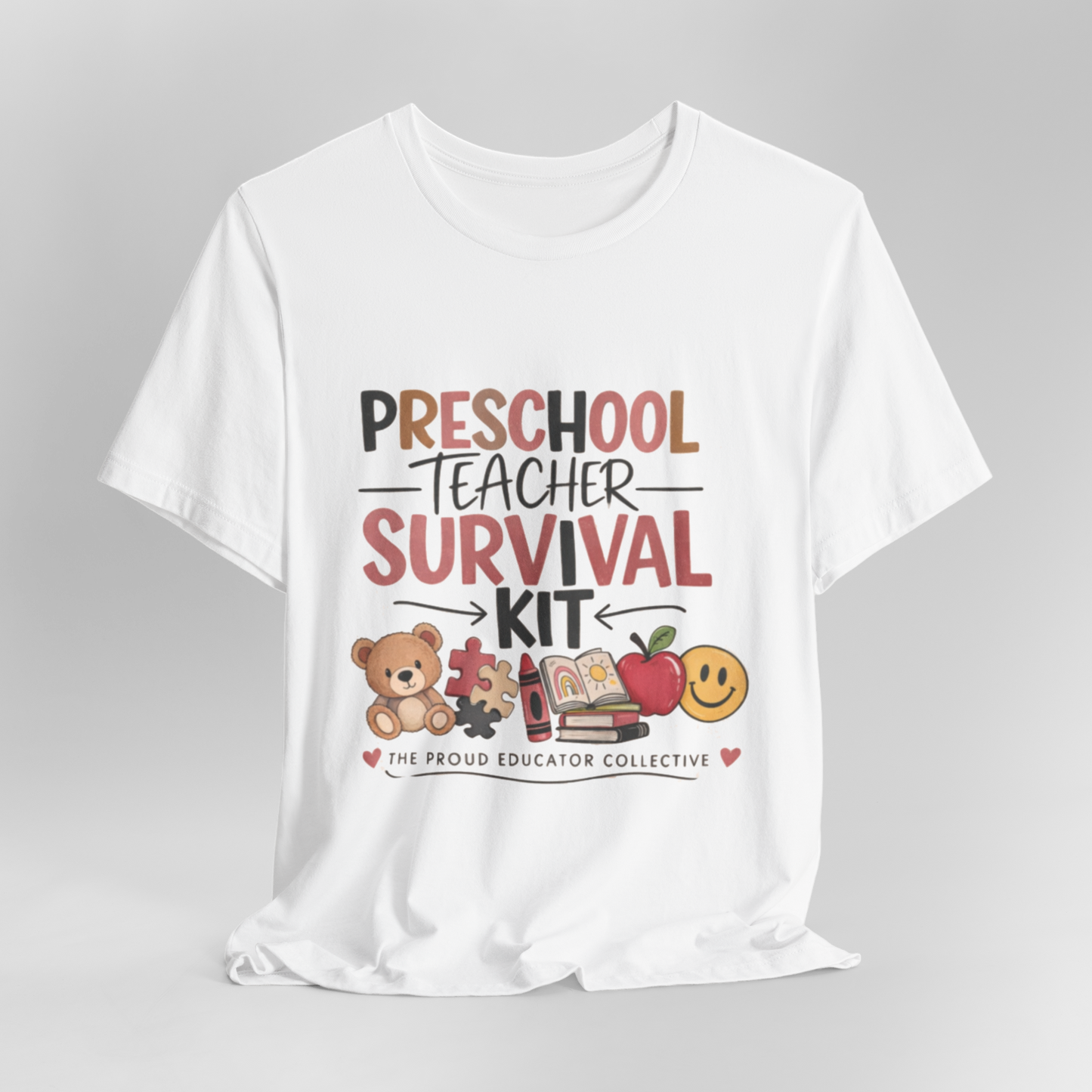 Preschool Teacher Survival Kit T-Shirt — Cute Educator Tee with Teddy, Puzzle & Apple Graphic