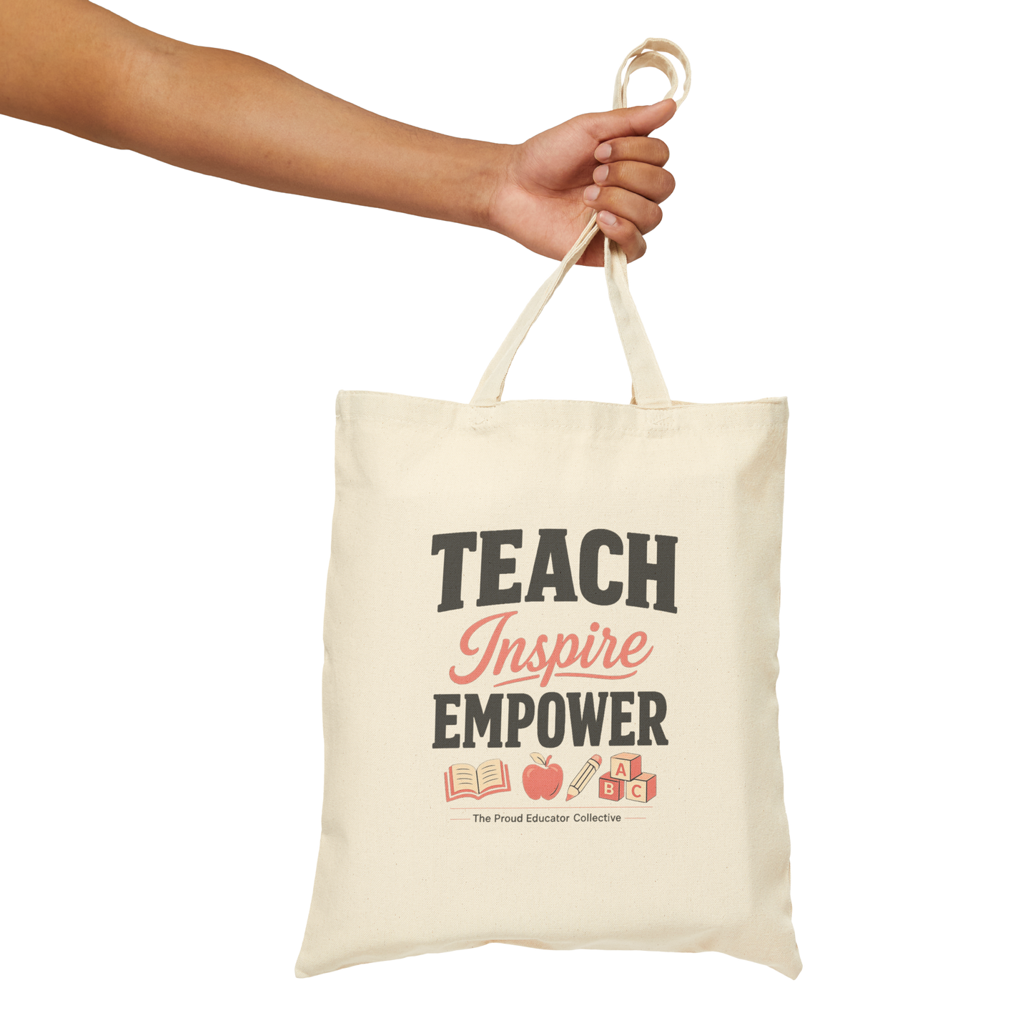 Teacher Tote Bag — "Teach, Inspire, Empower" Canvas Book & Apple Shopper
