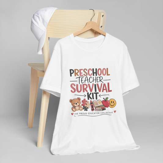 Preschool Teacher Survival Kit T-Shirt — Cute Educator Tee with Teddy, Puzzle & Apple Graphic
